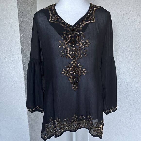 Black Label by Chico's Embellished Beaded Black Sheer Top Size 00 - Picture 1 of 7